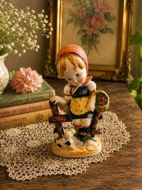 Vintage Occupied Japan Girl Figurine Bench Puppy Basket Porcelain 5.5"